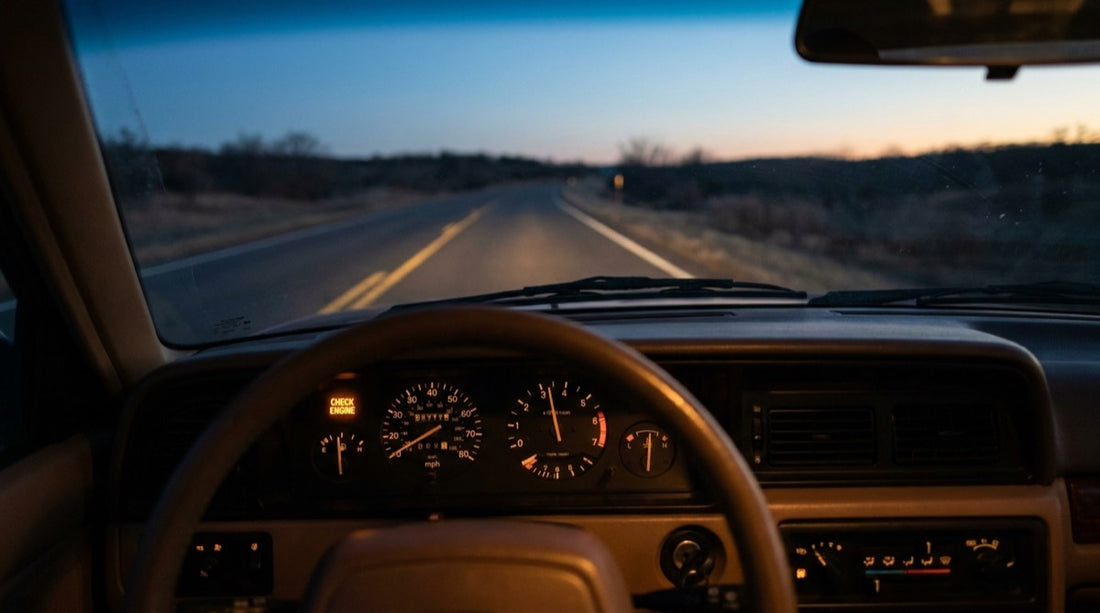 Tablero de un carro al atardecer con la luz de check engine encendida y la carretera al frente